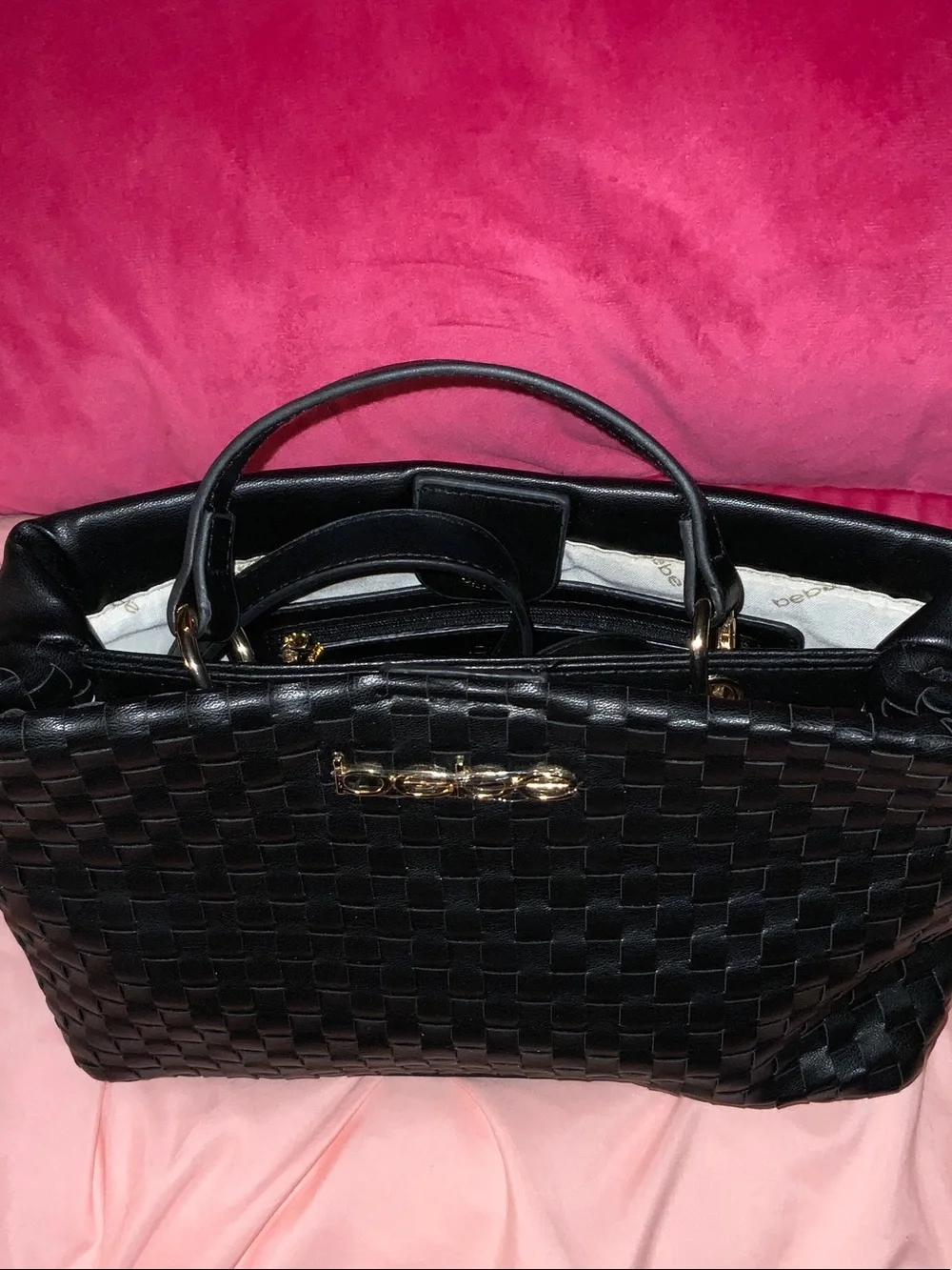 bebe Black Woven Top-Handle Satchel with Gold Logo
